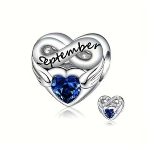 September Birthstone charm sapphire-blue rhinestone heart on front 925 silver